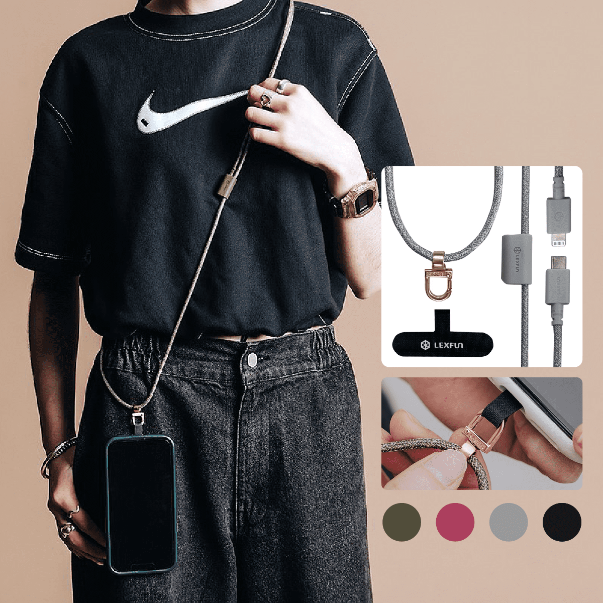 LEXFUN - Power Sling 可調式充電線手機背帶 [USB-C to MFI Lightning] - 灰色