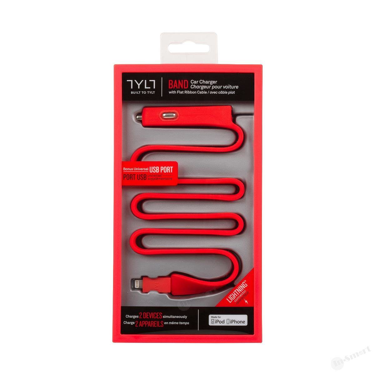 TYLT - BAND 扁線防纏繞 2.1A 車用充電器 MFI Apple 認證 Lightning + USB 同時充電 (紅色)