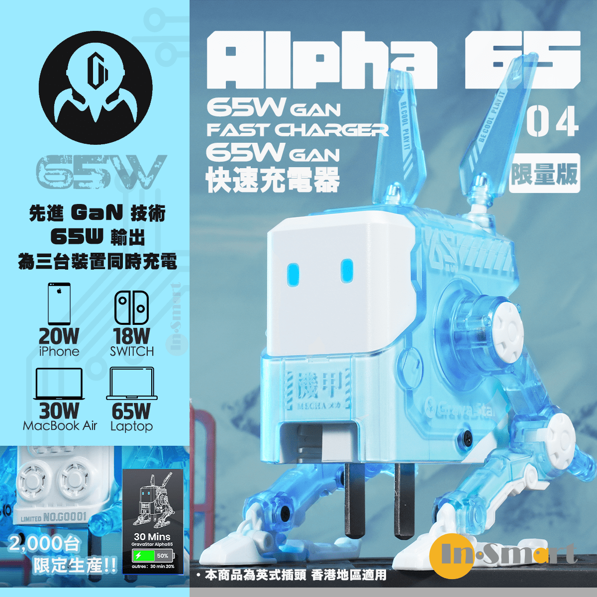 Zoeao - GravaStar Alpha65 快速充電器 (GaN 65W) - 水晶藍 限量版 (每台機身配有獨立編號)