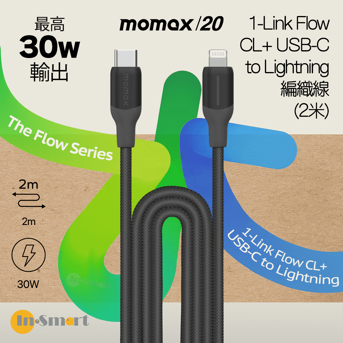 MOMAX - 1-Link Flow CL+ USB-C to Lightning 快充 編織線 (2米) - 黑色