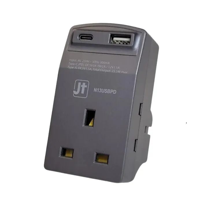 Alternative view of MEC - (JT) N13USB/PD 3port 13A 三腳插座三個 + 1port USB + 1port Type-C (碳灰色) 422-458