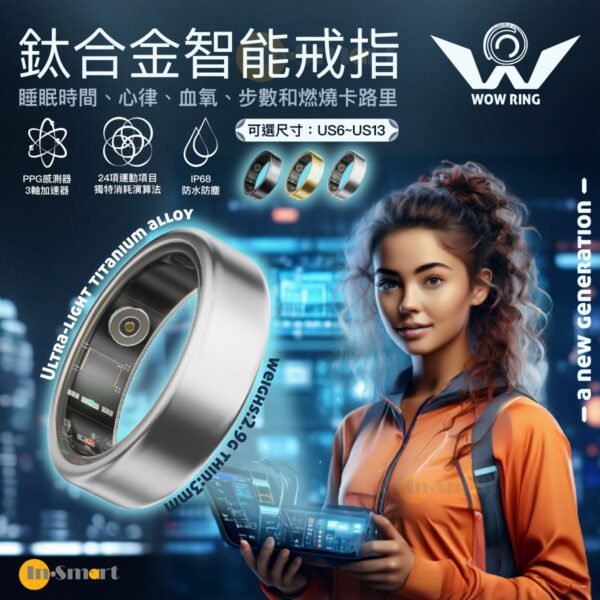 WOW – WOW Ring 超輕鈦合金智能戒指 (專攻24項運動、睡眠時間、心律心率、血氧、步數和燃燒卡路里) - 銀色 / US13 (70mm) 碼｜智能介指 智能指環