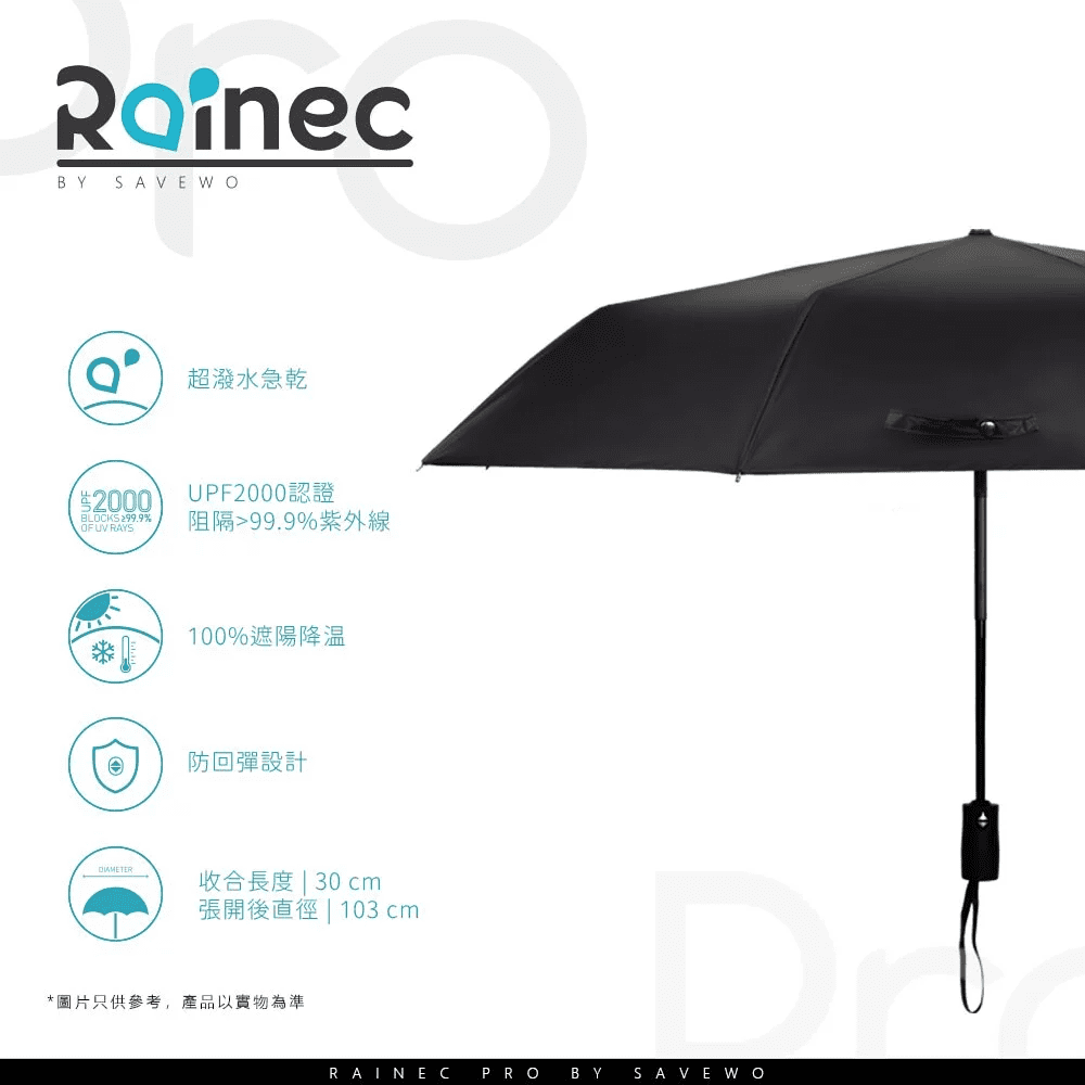 RAINEC – Rainec Pro BY SAVEWO 超輕不透光防UV潑水摺傘縮骨遮 (晴雨兼用) 黑色 - Image 2
