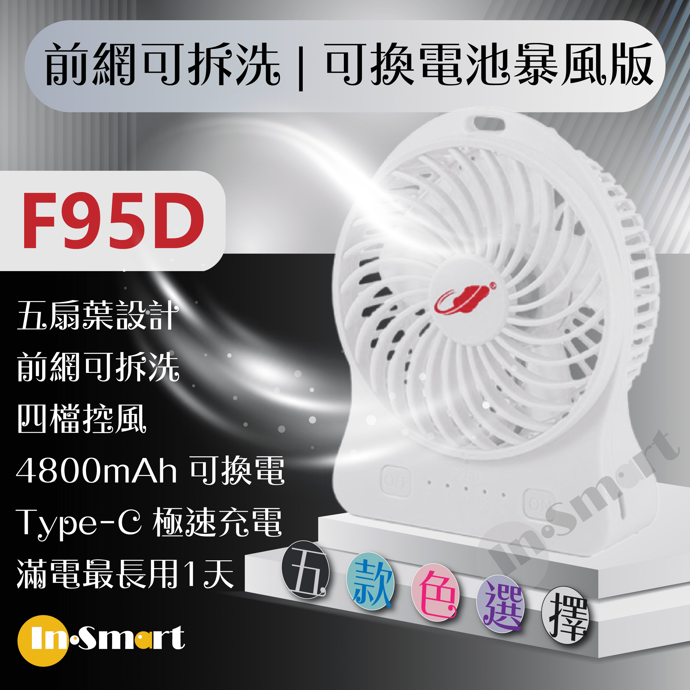 共田 – F95D 2025新色 新暴風 4段風速 靜音 芭蕉扇 USB風扇 白色