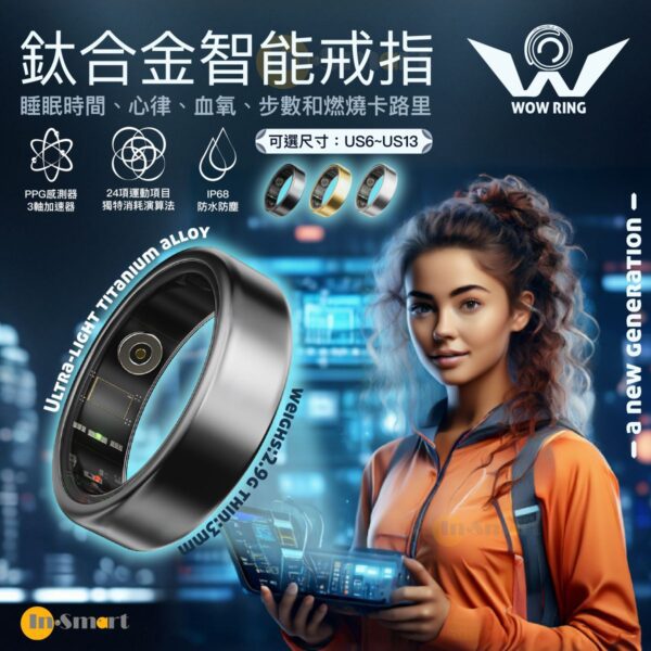 WOW – WOW Ring 超輕鈦合金智能戒指 (專攻24項運動、睡眠時間、心律心率、血氧、步數和燃燒卡路里) - 黑色 / US7 (55mm) 碼｜智能介指 智能指環