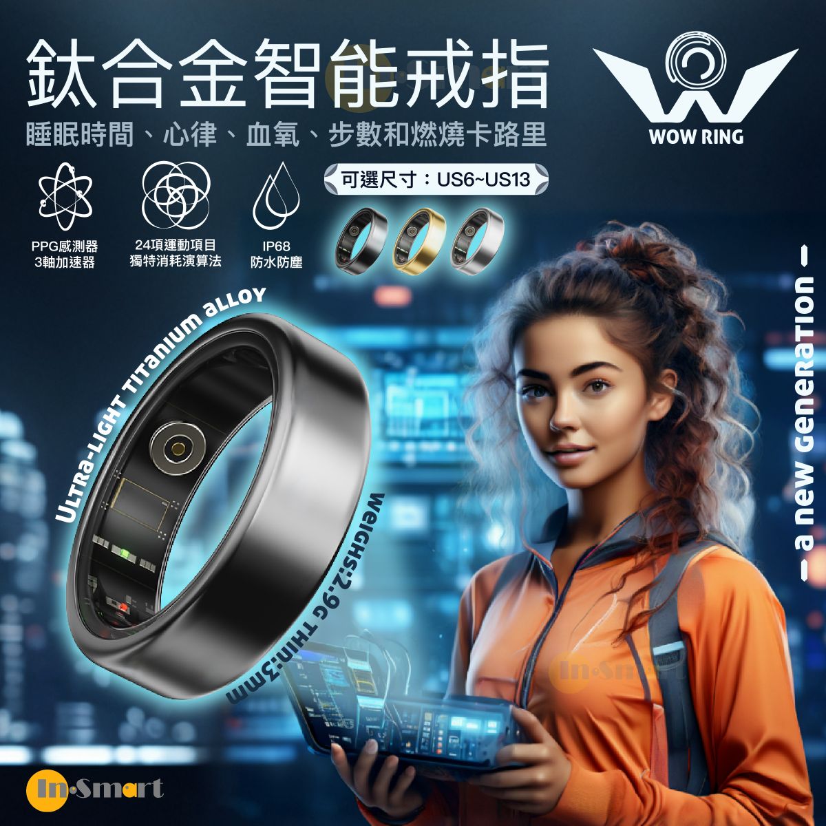 WOW – WOW Ring 超輕鈦合金智能戒指 (專攻24項運動、睡眠時間、心律心率、血氧、步數和燃燒卡路里) - 黑色 / US13 (70mm) 碼|智能介指 智能指環