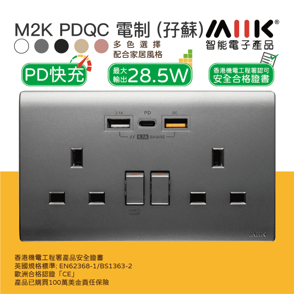 M2K – PDQC Type C/USB 電制 (孖蘇) - 支援 PD & QC3.0 18W 快充 9V&12V｜最大輸出 28.5W - 灰色