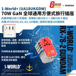 MOMAX – 1-World+ 70W GaN 3插口及內置伸縮USB-C充電線手提電腦充電旅行插座 - 高達 Gundam RX-78 限量版