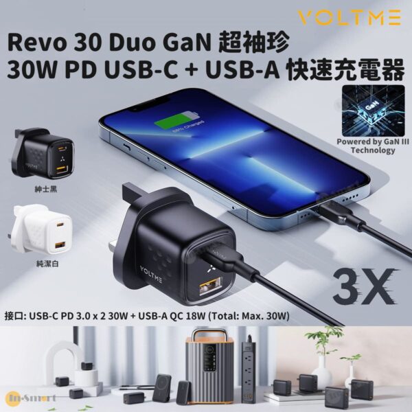 VOLTME – Revo 30 Duo GaN 超袖珍 30W PD USB-C + USB-A 快速充電器 火牛 插頭 插牆式 (英規)