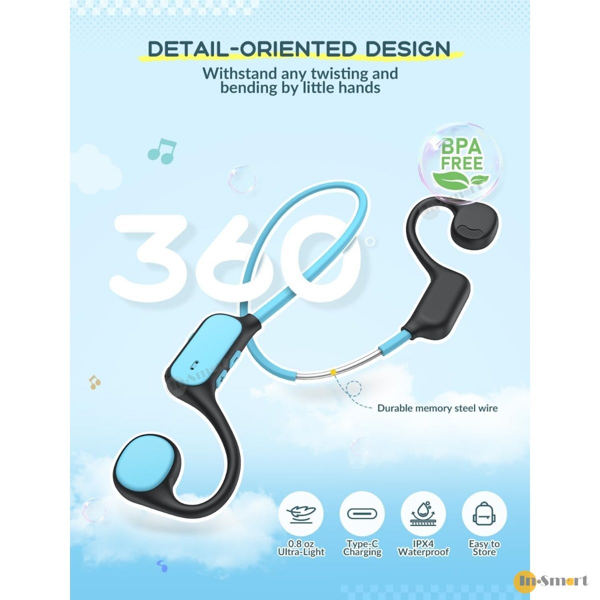 iClever – 氣傳導無線藍牙超輕兒童耳機 OWS01 藍色  IPX4 防水 開放式安全設計 收音咪 運動耳機 學習取機 保護聽覺 - Image 6