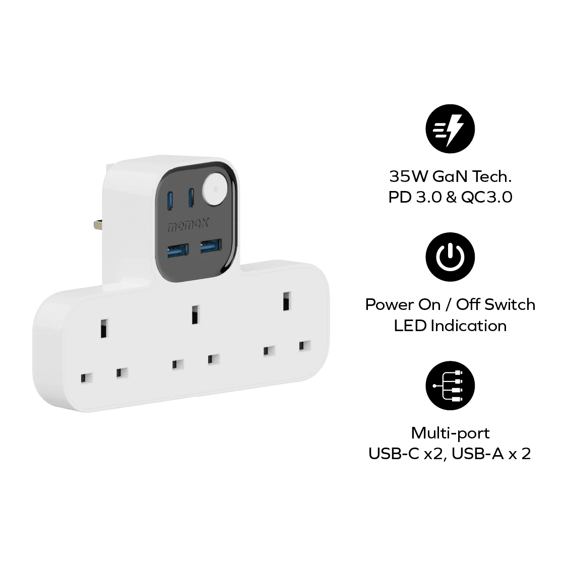 MOMAX – 1-Charge Work Flow USB + 3口T型插座 - US19UKW - Image 3