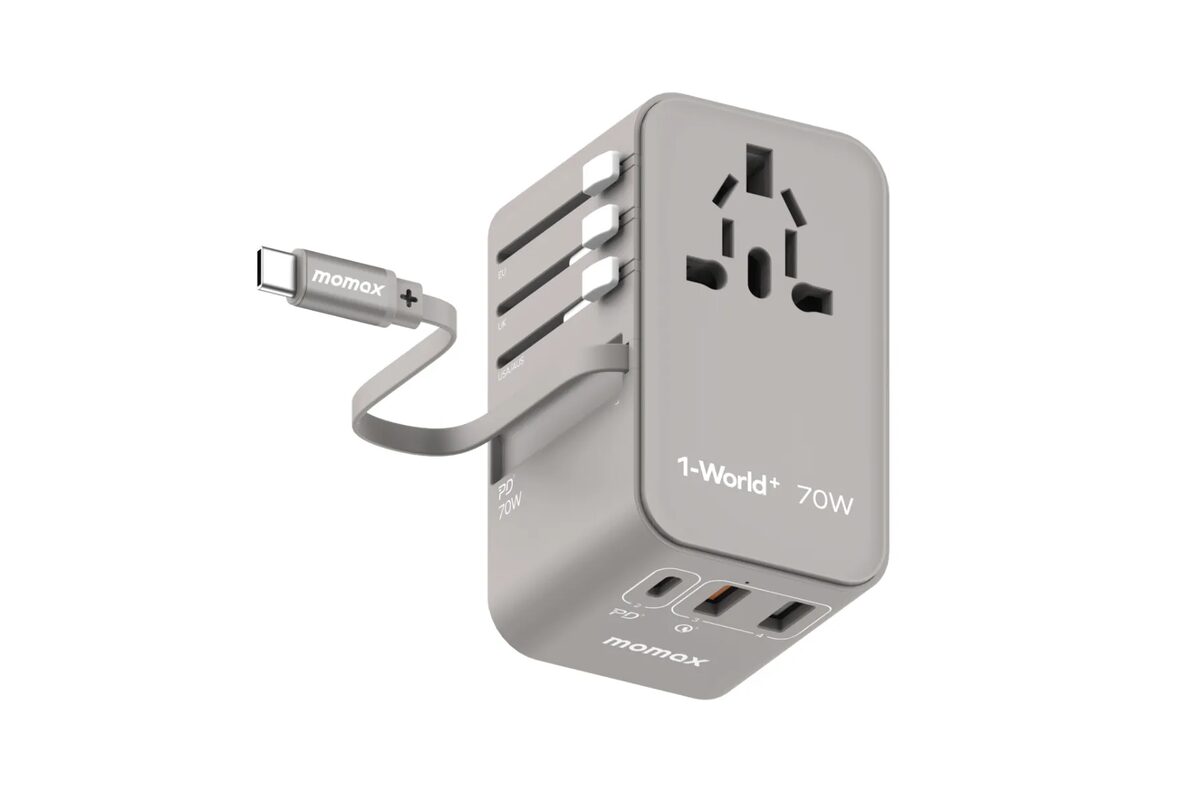 MOMAX – 1-World+ 70W GaN 3插口及內置伸縮USB-C充電線旅行插座 - 灰色 - UA18UKE - Image 2