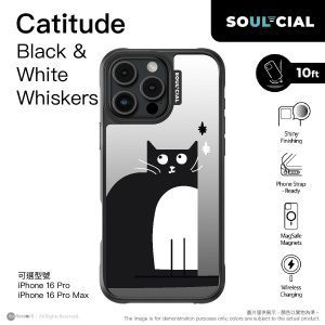 PhoneSuit – SOUL-CIAL Catitude Black & White Whiskers Mirror 保護殼 - Magsafe - Black - For iPhone 16 Pro Max
