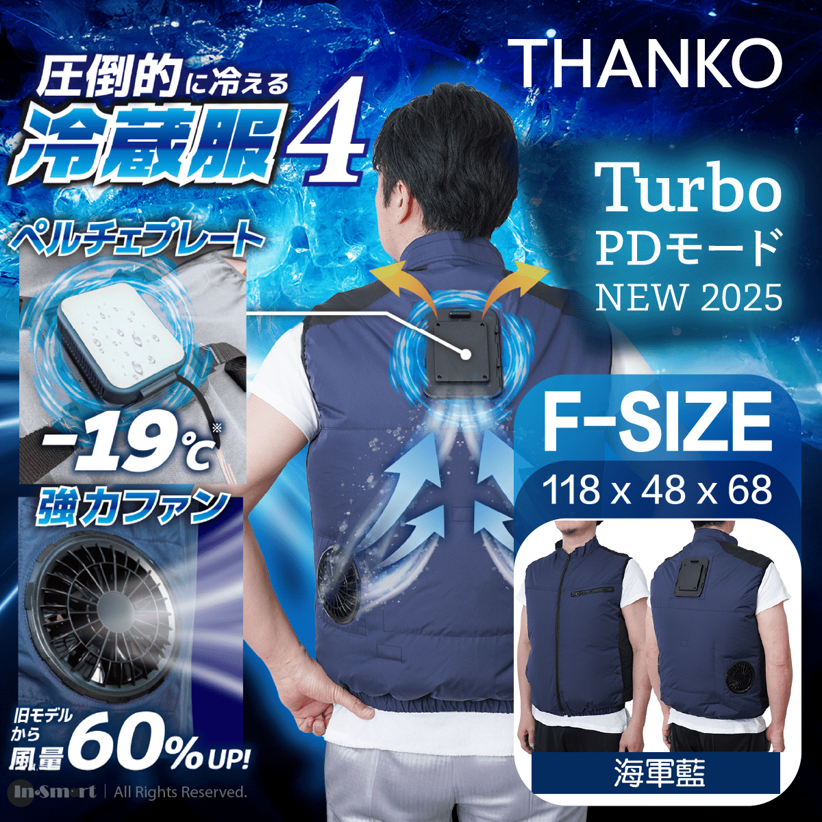 THANKO – Cooling Vest 4 可穿戴冷卻背心冷藏服4代 - 海軍藍 F-Size | 3秒極速降溫 降溫達-19度 | 風扇背心 | 風扇外套 | 製冷背心 | 冷風背心 TKCV25S-F-NV