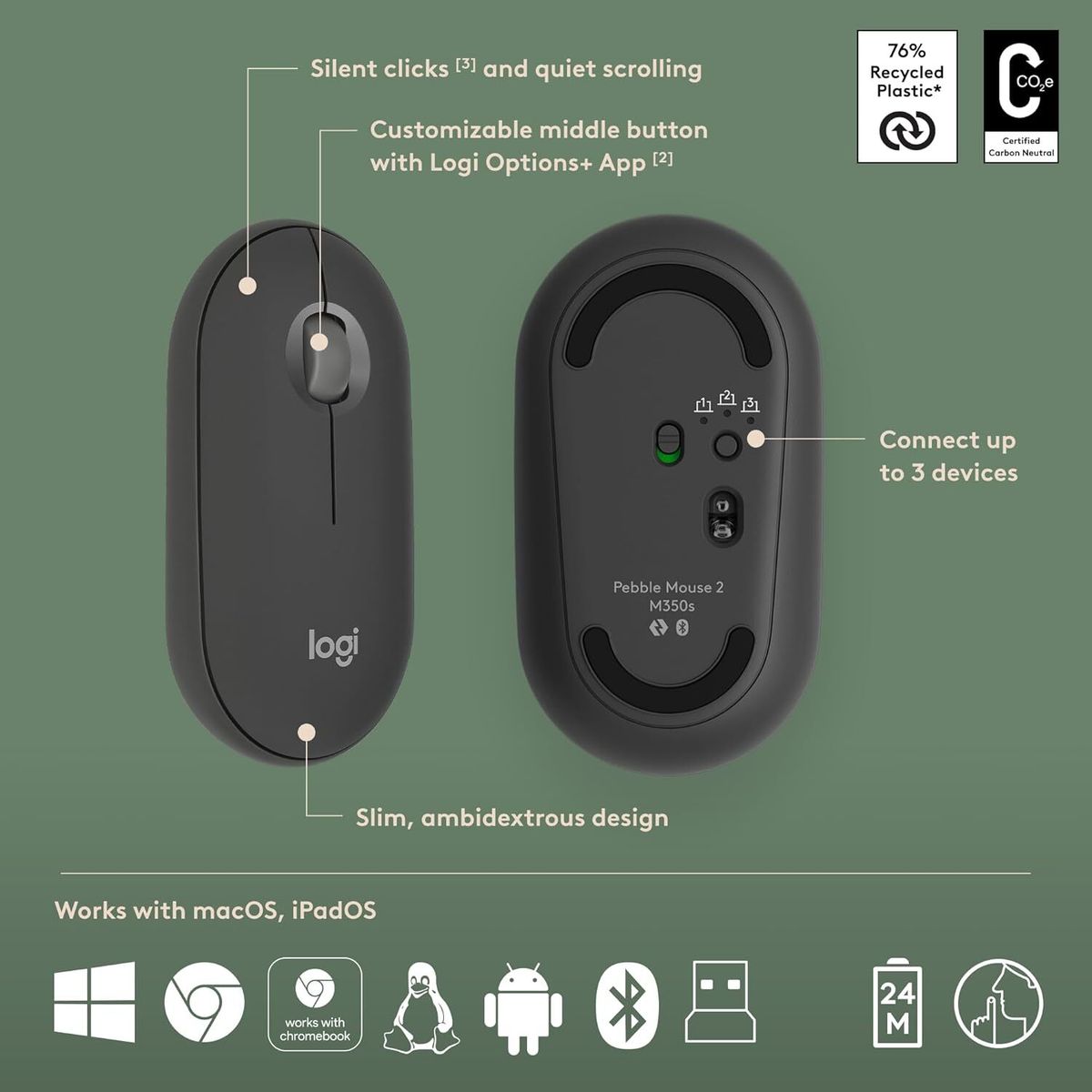 Logitech – Logitech PEBBLE 2 COMBO 藍牙鍵盤滑鼠套裝 - 石墨灰 920-012187|最多連線到三個裝置|10個自定義快捷鍵 (M350s + K380s) - Image 4
