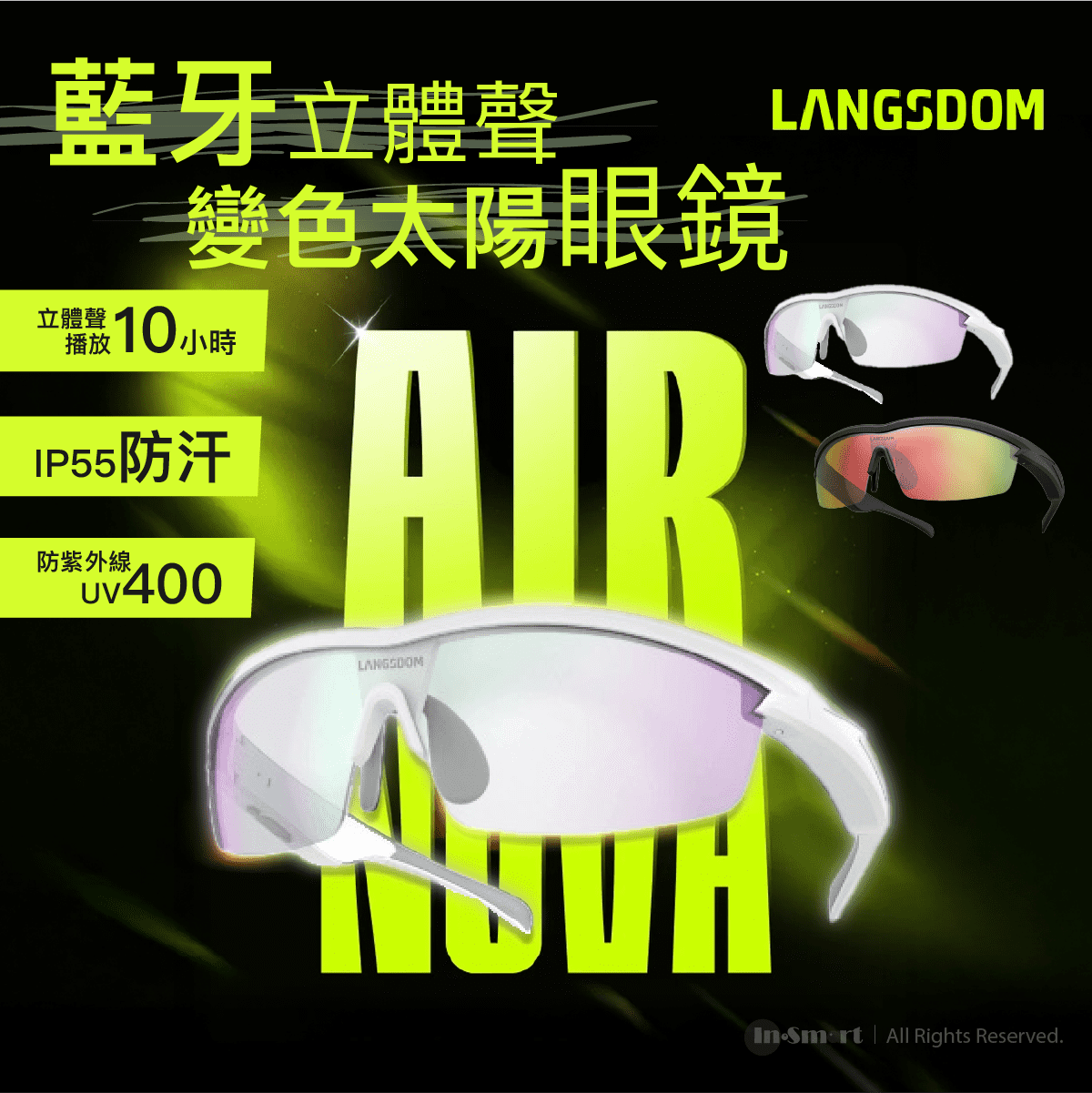 Langsdom - AirNova UV400 IP55 防汗水 藍牙立體聲 運動太陽眼鏡 | 防紫外線 PC 光變太陽鏡片 防反射 - BH01 白色
