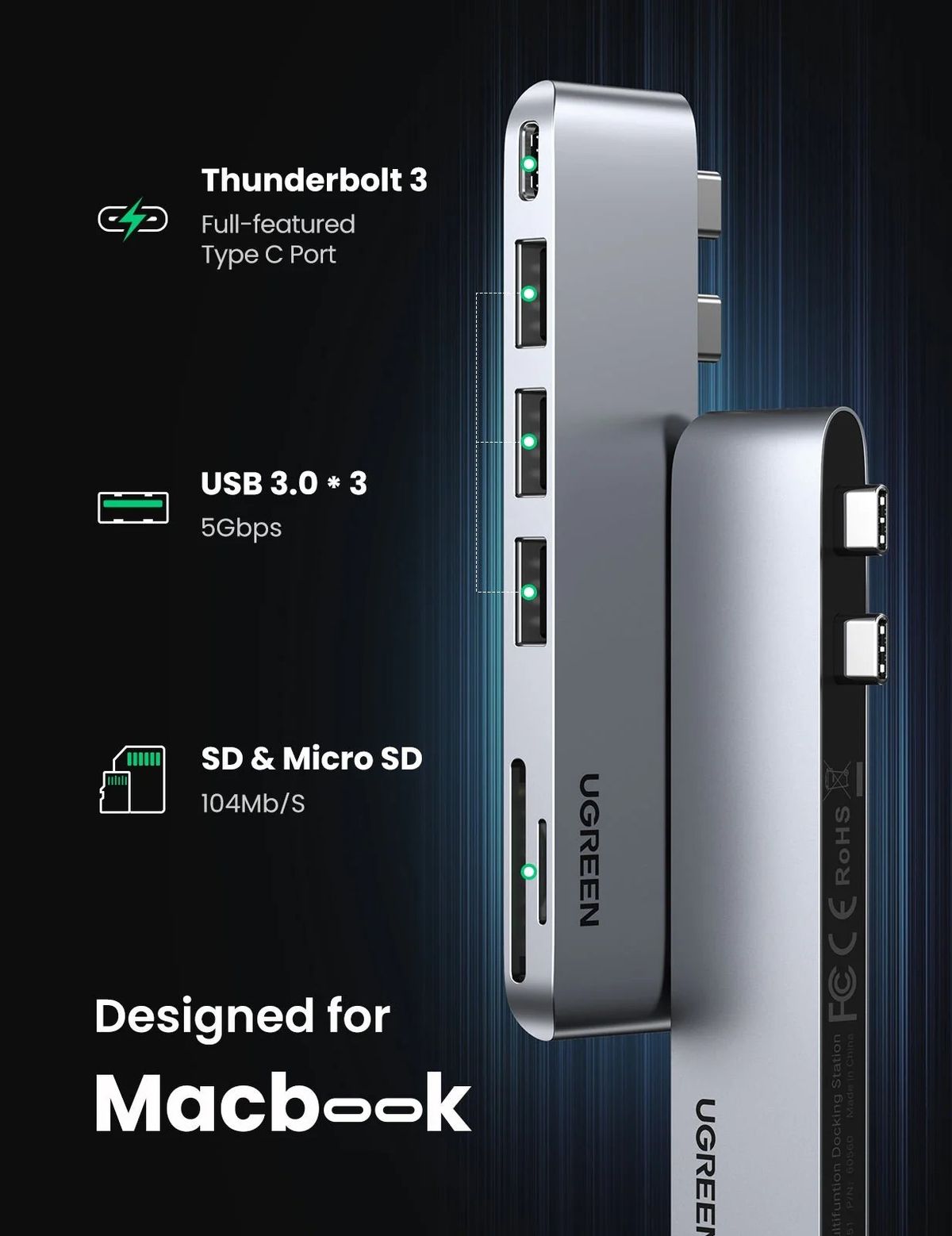 UGREEN 8211 6合2 USB C 集線器適用於 MacBook ProAir  6 IN 2  100W  SD TF  3x USB 30  Thunderbolt 3 6K 60Hz  CM25