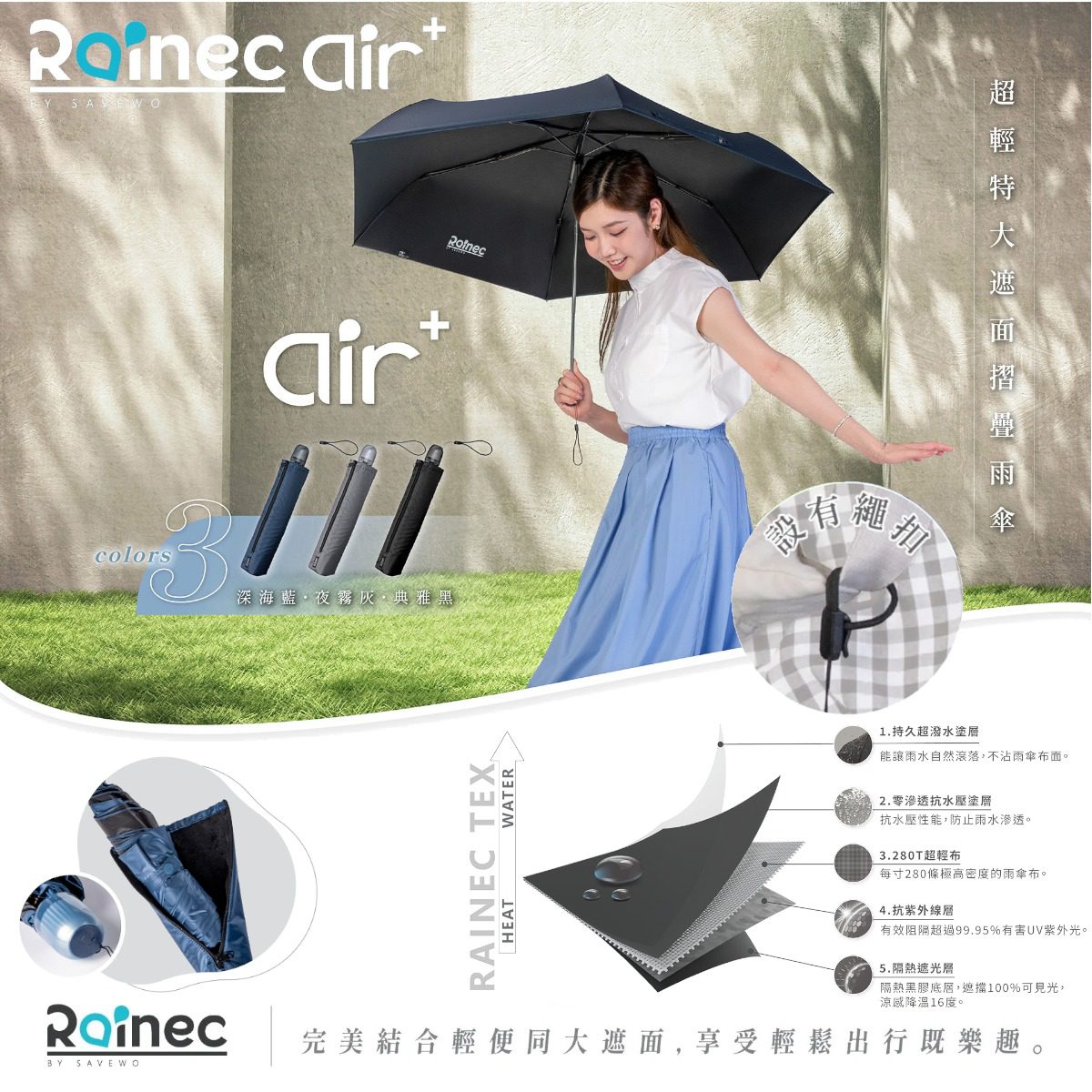RAINEC - RAINEC AIR PLUS BY SAVEWO 超輕特大遮面摺疊雨傘 (晴雨兼用) 典雅黑
