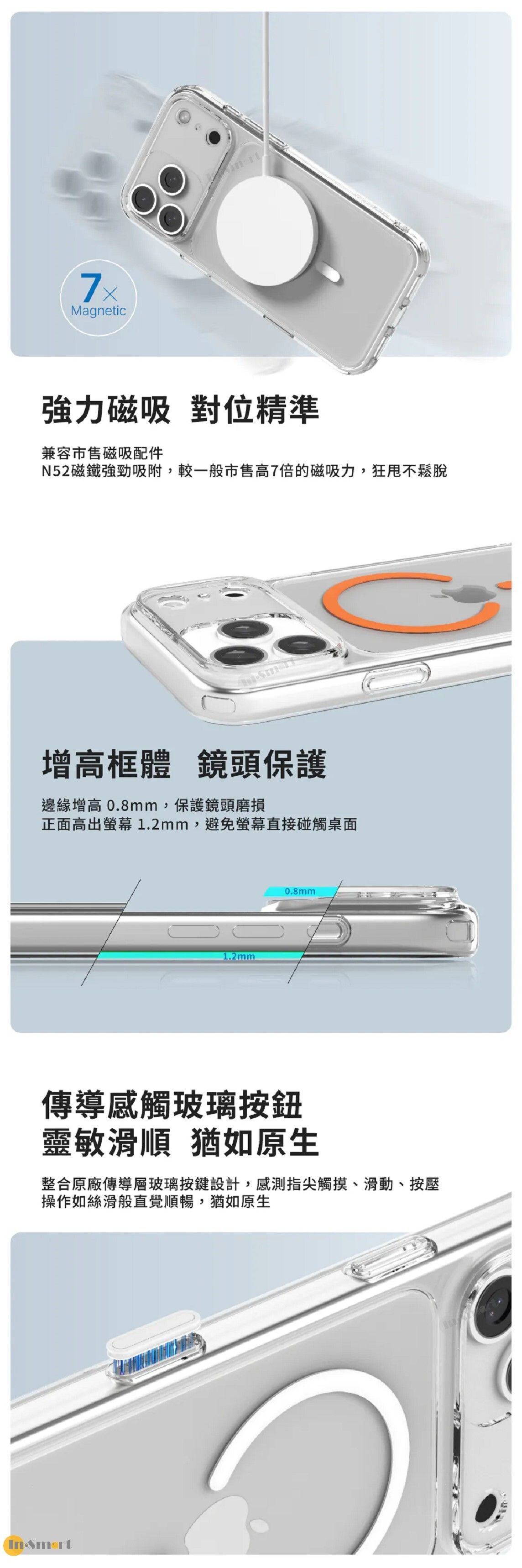 JTLEGEND 8211 Hybrid Cushion Mag 減震防摔晶透抗黃防霧化磁吸保護殼 iPhone 17 Pro Max 8211 透明加橙色磁吸環 四角內建壓力分散氣墊 N52 強勁磁吸 鏡頭保護