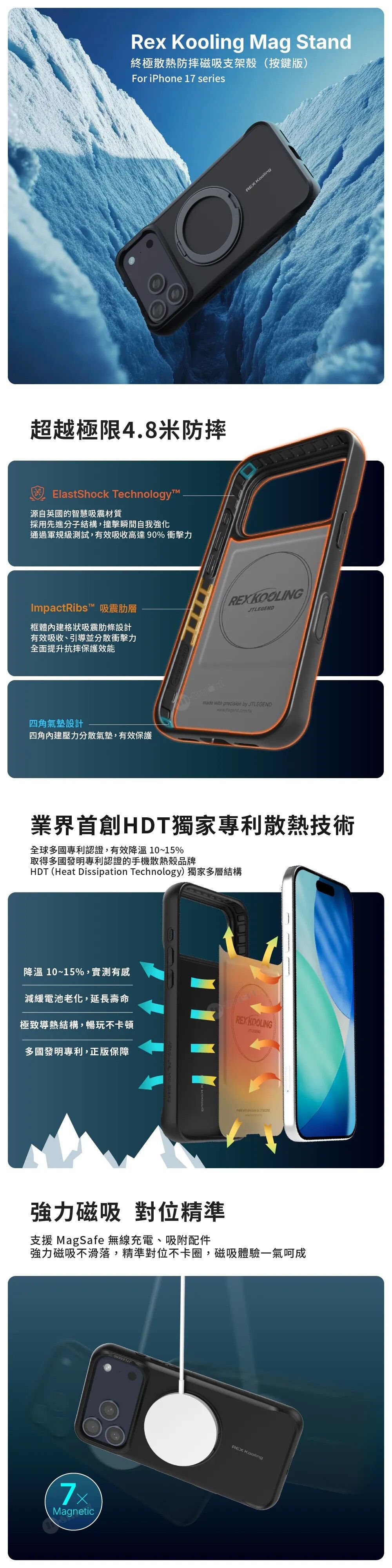 JTLEGEND 8211 REX Pro Kooling 超軍規防摔強磁吸無線充電終極散熱保護殼 iPhone 17 Pro Max HDT 專利高效散熱技術 美國軍規 MIL-STD-810H