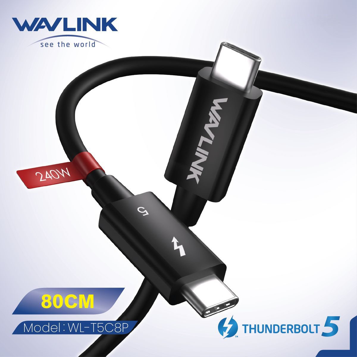 WAVLINK - Thunderbolt 5 連接線 240W PD 支持iPhone 16 Pro 80cm 支援 8K 影像 80 Gbps 資料傳輸 T5C8P 原裝行貨 三年保養