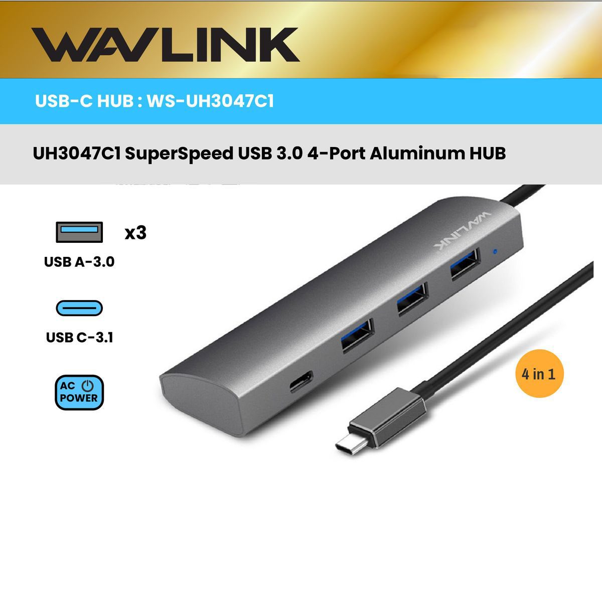 Alternative view of WAVLINK - USB-C 3.1 四端連接器 UH3047C1 (1 x USB-C + 3 x USB 3.0) w/ 5V 4V 電源 原裝行貨 一年保養