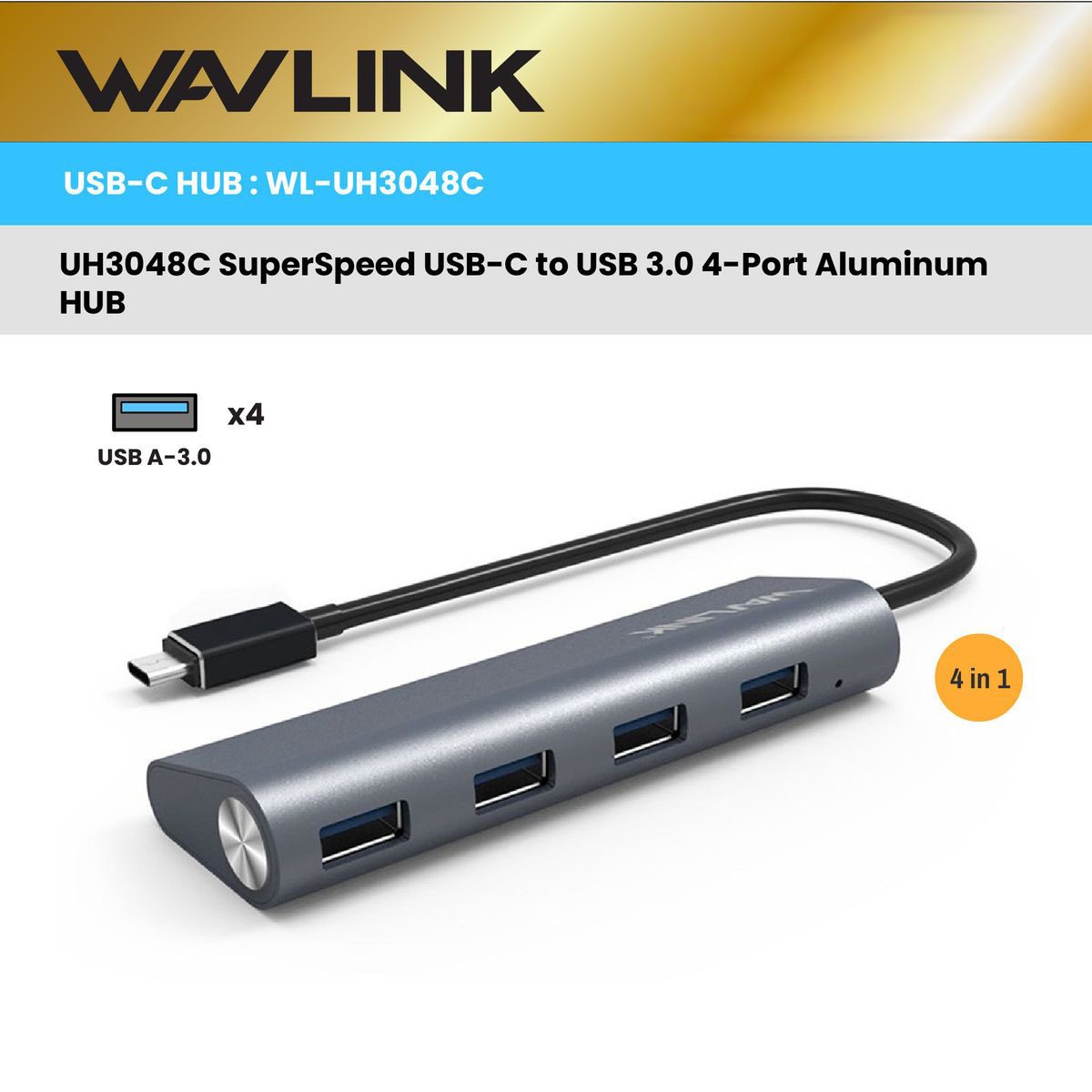 Alternative view of WAVLINK - USB-C 四端USB連接器 (4 x USB 3.0) 即插即用 UH3048C 原裝行貨 一年保養