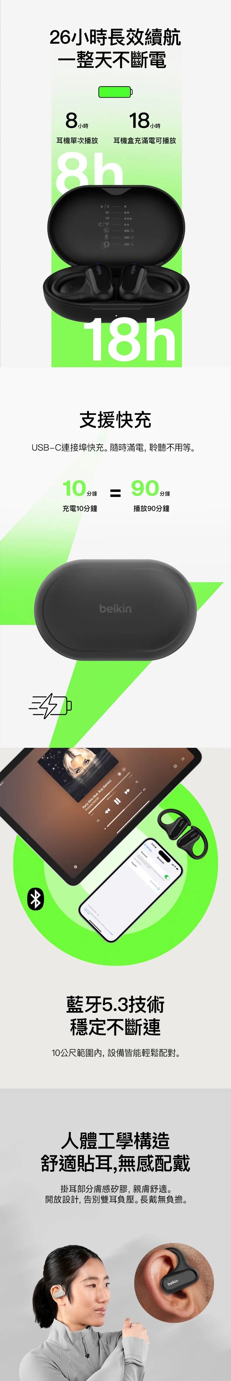 Belkin 8211 SoundForm ClearFit 開放式無線耳塞 沙色  142 毫米驅動單體  IPX5 等級防汗防濺水功能  開放式耳機設計  AUC013BTSA