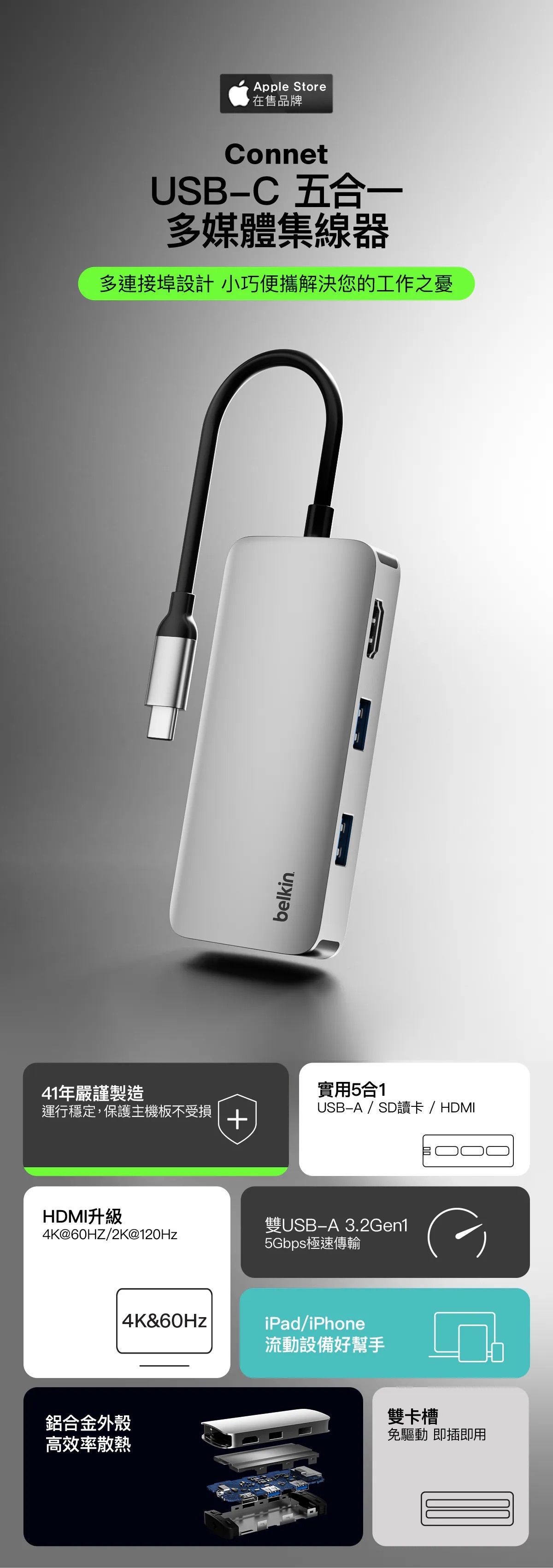 Belkin 8211 Connect USB-C 5 合 1 多連接埠轉接器集線器  4K HDMI  USB-A  SD 038 MicroSD  AVC007fqSGY-V2