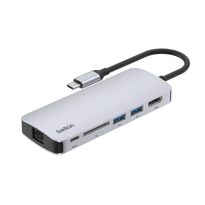 Belkin 8211 Connect USB-C 6 合 1 多媒體集線器  4K HDMI  SD  USB-C PD  USB-A  Gigabit Ethernet  AVC008fqSGY-V2