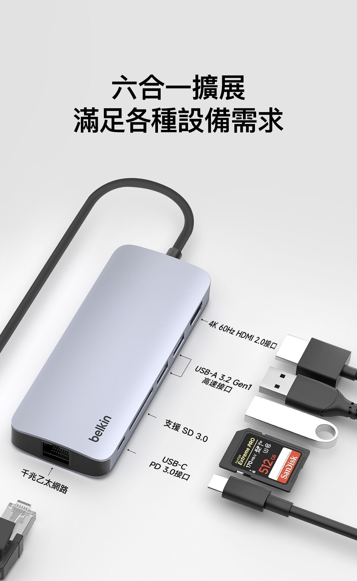 Belkin 8211 Connect USB-C 6 合 1 多媒體集線器  4K HDMI  SD  USB-C PD  USB-A  Gigabit Ethernet  AVC008fqSGY-V2