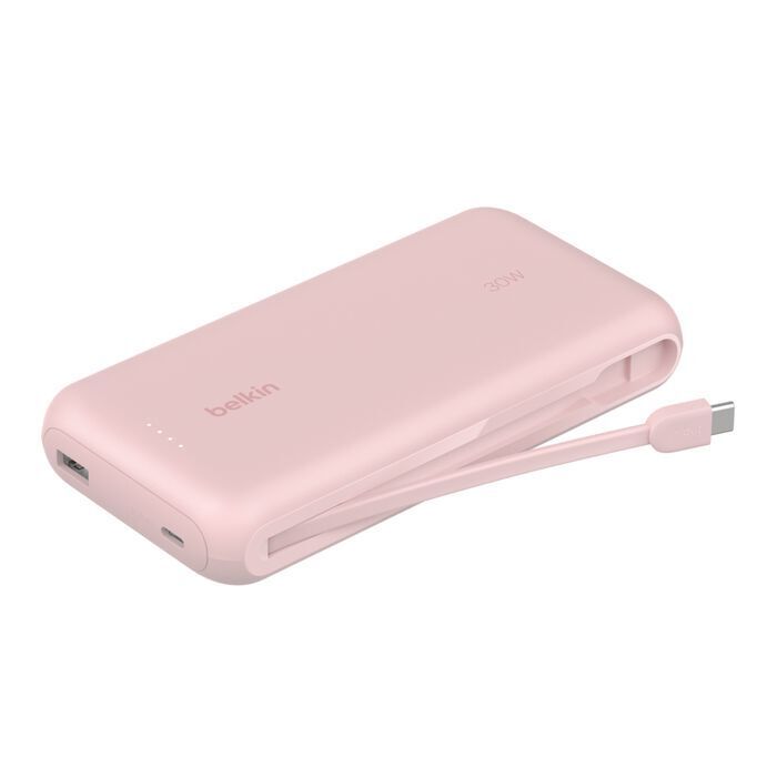Belkin 8211 BoostCharge 20K 行動充電器隨附一體式纜線 8211 粉紅色  內置 USB-C 纜線  符合 TSA 標準  30W PD 快充  BPB024FQPK