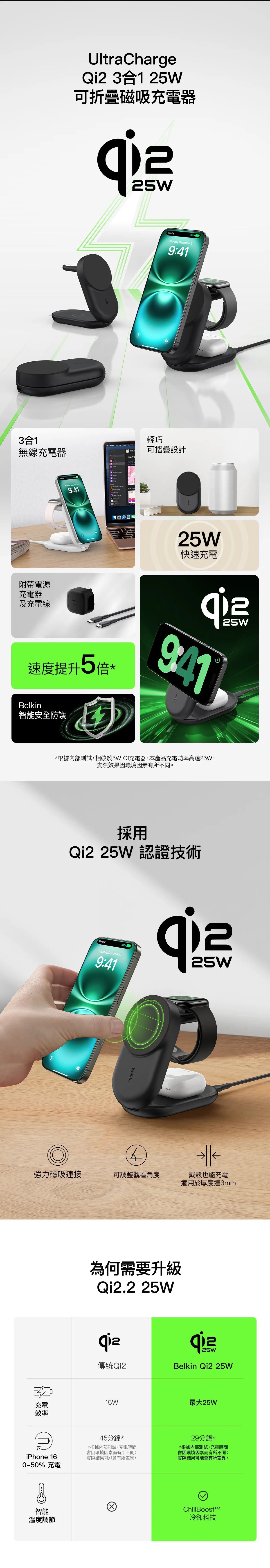 Belkin 8211 UltraCharge 3合1可摺疊磁性充電器 Qi2 25W 圓形 黑色  WIZ037MYBK
