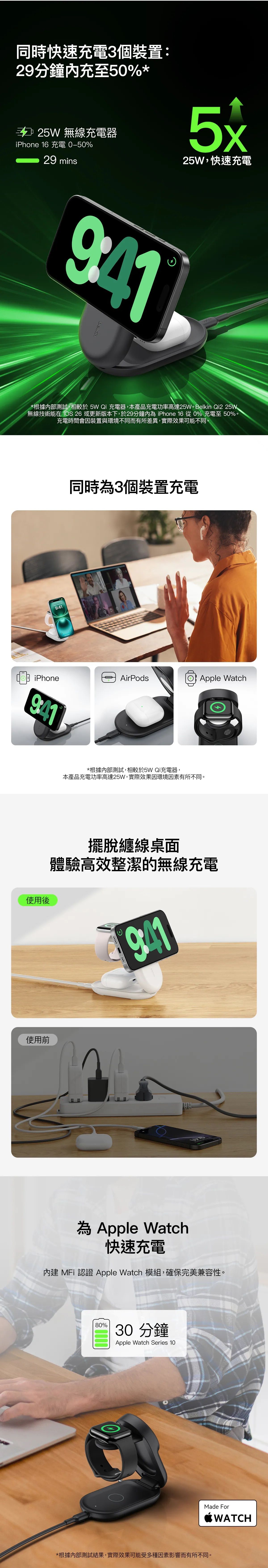 Belkin 8211 UltraCharge 3合1可摺疊磁性充電器 Qi2 25W 圓形 黑色  WIZ037MYBK