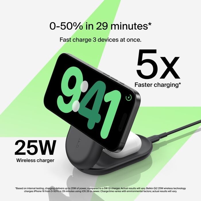 Belkin 8211 UltraCharge 3合1可摺疊磁性充電器 Qi2 25W 圓形 黑色  WIZ037MYBK