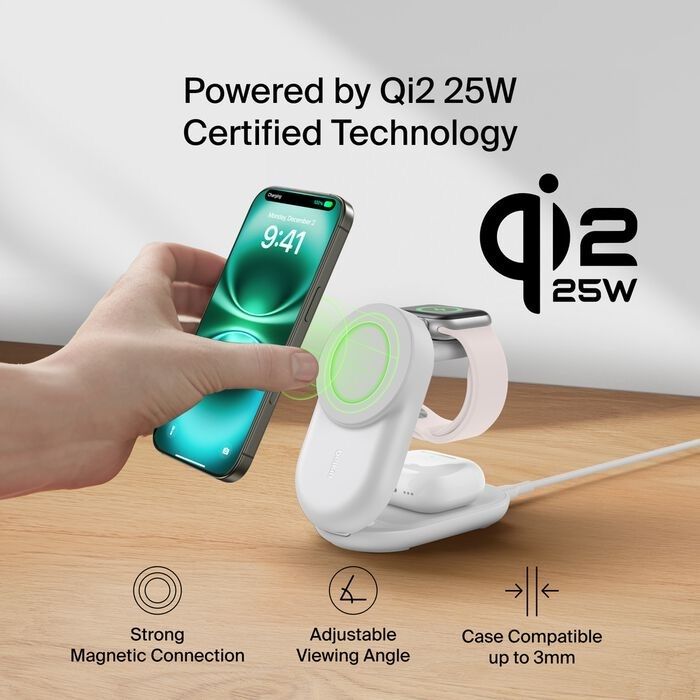 Belkin 8211 UltraCharge 3合1可摺疊磁性充電器 Qi2 25W 圓形 白色  WIZ037MYWH