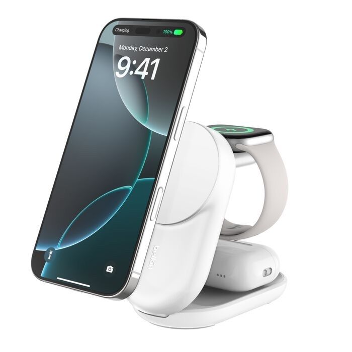 Belkin 8211 UltraCharge 3合1可摺疊磁性充電器 Qi2 25W 圓形 白色 WIZ037MYWH
