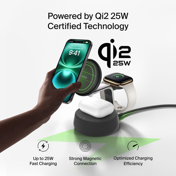 Belkin 8211 UltraCharge Pro 3合1磁性充電座 Qi2 25W 黑色  ChillBoost 主動冷卻技術  WIZ040MYCH