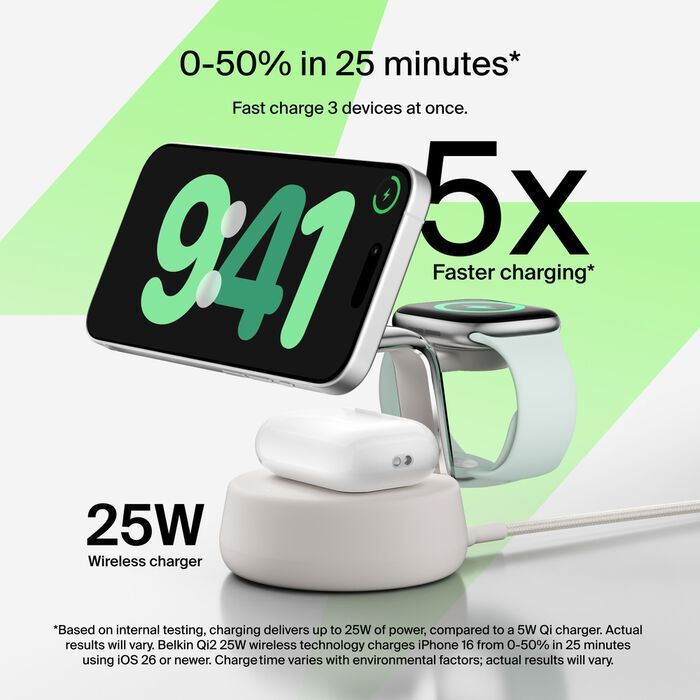 Belkin 8211 UltraCharge Pro 3合1磁性充電座 Qi2 25W 沙色  ChillBoost 主動冷卻技術  WIZ040MYSD