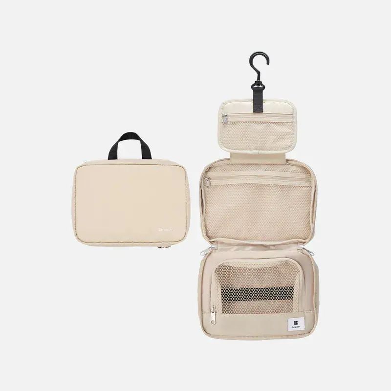 BRANDEN - 掛式洗漱包 可擴展旅行懸掛化妝袋  [淺米色] | 防水三層折疊 360°旋轉掛鉤 適合1-4人家庭旅行