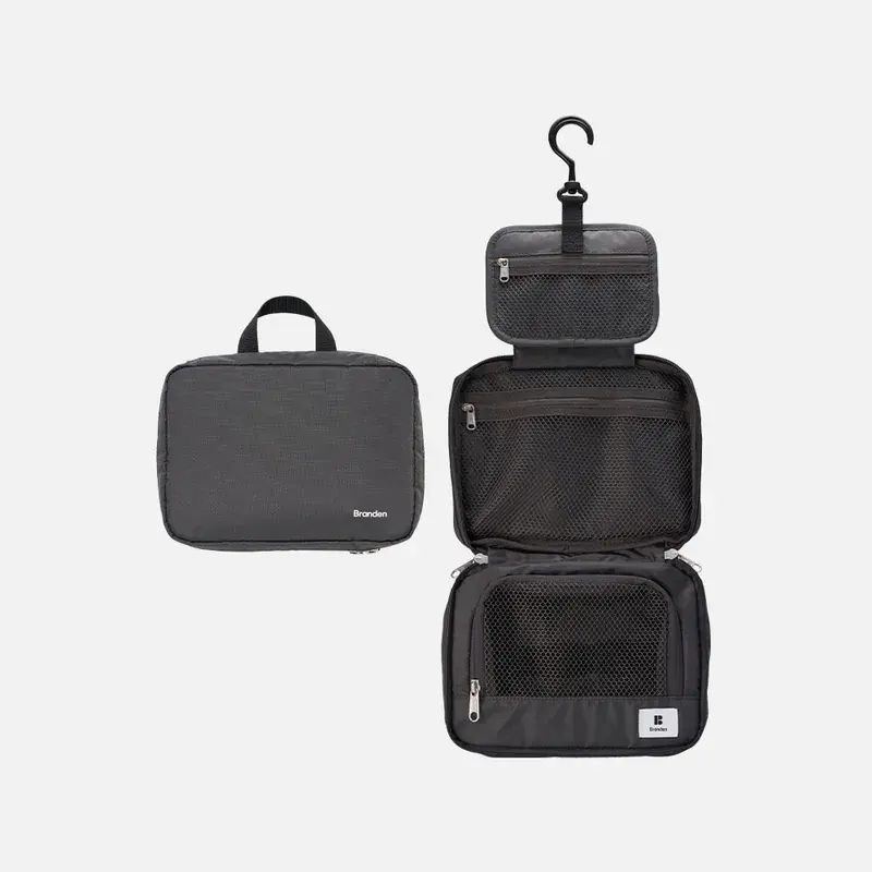 BRANDEN - 掛式洗漱包 可擴展旅行懸掛化妝袋  [灰黑色] | 防水三層折疊 360°旋轉掛鉤 適合1-4人家庭旅行
