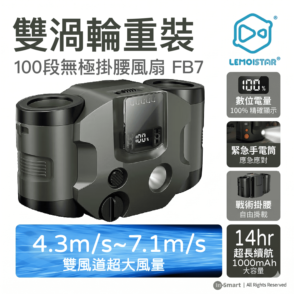 LEMOISTAR 8211 FB7 雙渦輪掛腰風扇 軍綠色 10000mAh 行動電源功能 100段無極調速 超長14小時續航 工地戶外露營 必備掛頸風扇 香港行貨