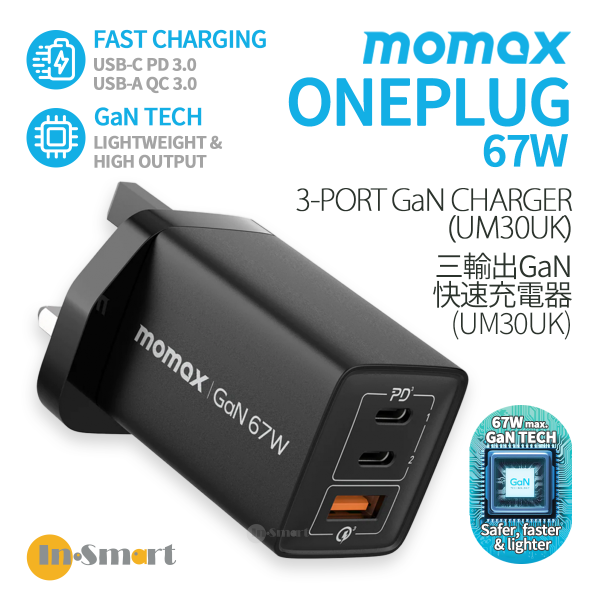 MOMAX - ONEPLUG 67W 三輸出GaN快速充電器 UM30UK - 黑色