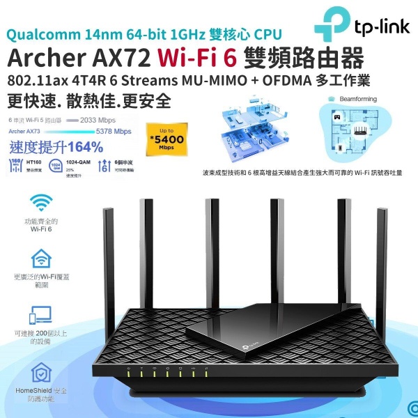 TP-LINK - Archer AX72 AX5400 雙頻 Wi-Fi 6 802.11ax Gigabit Router 路由器 6天線 USB3.0 8K串流