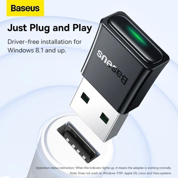 倍思 – 迷你 USB 藍牙 5.3 發射接收器 (多設備連接; 藍牙適配器 支援 Windows 10/8.1/8/7/XP/Vista) BA07 - Image 4