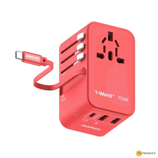 MOMAX – 1-World+ 70W GaN 3插口及內置伸縮USB-C充電線手提電腦充電旅行插座 - 紅色 UA18UK - Image 2