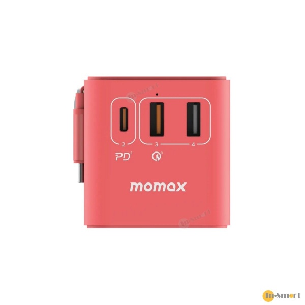 MOMAX – 1-World+ 70W GaN 3插口及內置伸縮USB-C充電線手提電腦充電旅行插座 - 紅色 UA18UK - Image 6