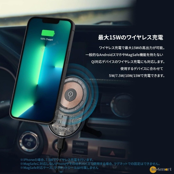 MOMAX – Q.Mag Mount 3 15W 透明磁吸無線充電車載支架 CM20E; 通風口支架 360° 旋轉; 支援 Magsafe - Image 5