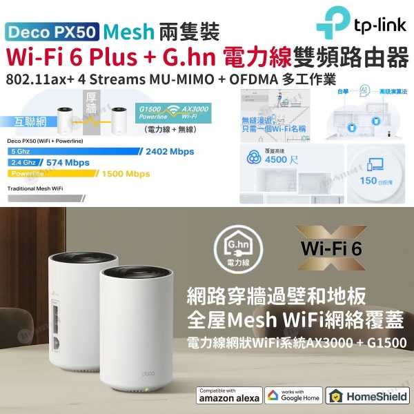 TP-Link – Deco PX50 G1500 G.hn Powerline 電力線 + Mesh WiFi 6+ 全屋覆蓋 Router 路由器 AX3000 雙頻