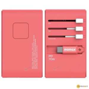 MOMAX 1-World 70W GaN 3插口及內置伸縮USB-C充電線手提電腦充電旅行插座 8211 紅色 UA18UK